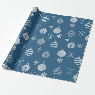 Retro Christmas Ornaments Blue Silver Wrapping Paper