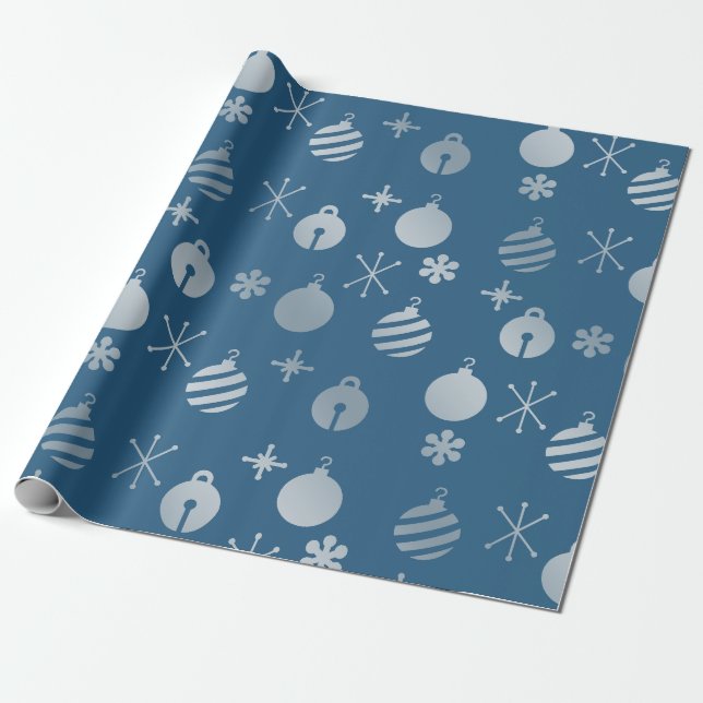 Retro Christmas Ornaments Blue Silver Wrapping Paper (Unrolled)
