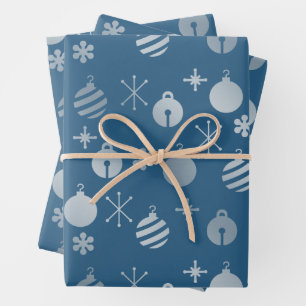 Retro Christmas Ornaments Blue Silver Wrapping Paper Sheets