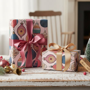 Retro Christmas Ornaments Blush Pink Wrapping Paper