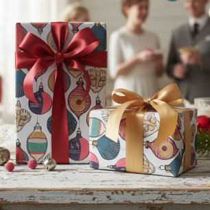 Retro Christmas Ornaments Light Gray Wrapping Paper