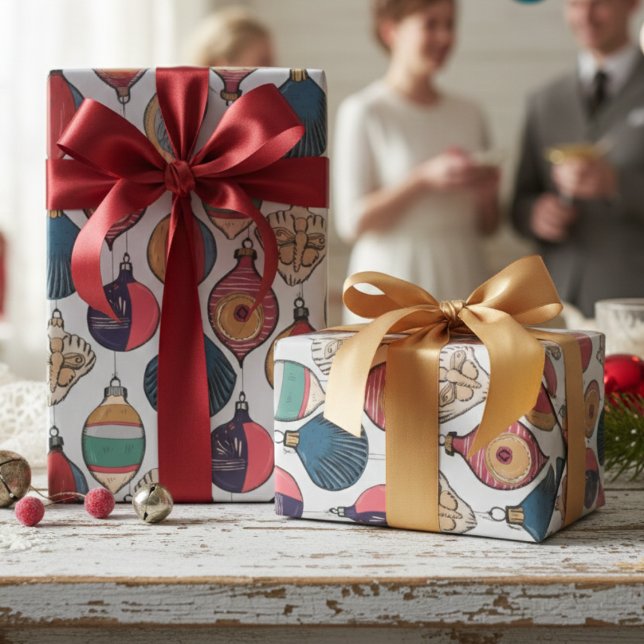 Retro Christmas Ornaments Light Gray Wrapping Paper (Chic Holiday Retro Wrapping Paper for Christmas. Stylish Elegant Vintage Xmas Ornaments Pattern )