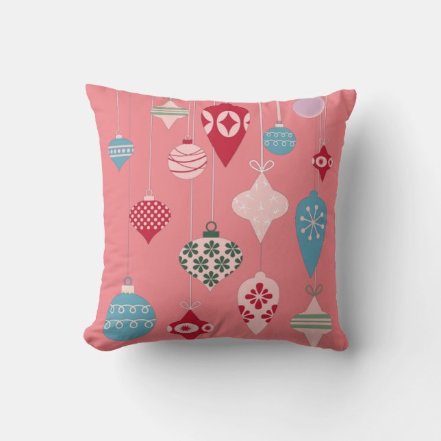Retro Christmas Ornaments on Pink Throw Pillow (Front)