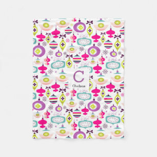 Retro Christmas Ornaments Pattern Monogrammed Fleece Blanket