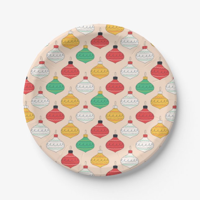 Retro Christmas Ornaments Pattern Paper Plates (Front)