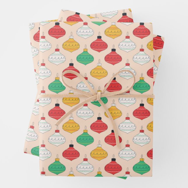 Retro Christmas Ornaments Pattern Wrapping Paper Sheets (In situ)