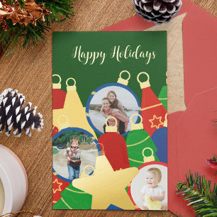 Retro Christmas ornaments Photo Foil Holiday Card
