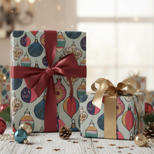 Retro Christmas Ornaments Sage Green Wrapping Paper