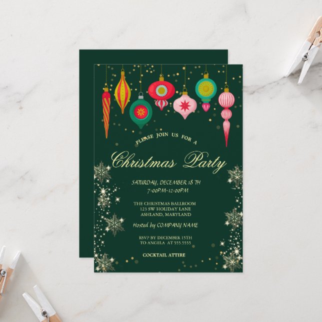 Retro Christmas Ornaments Snowflakes Christmas Invitation (Front/Back In Situ)
