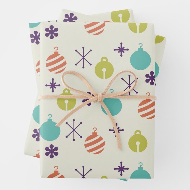 Retro Christmas Ornaments Snowflakes Wrapping Paper Sheets (In situ)