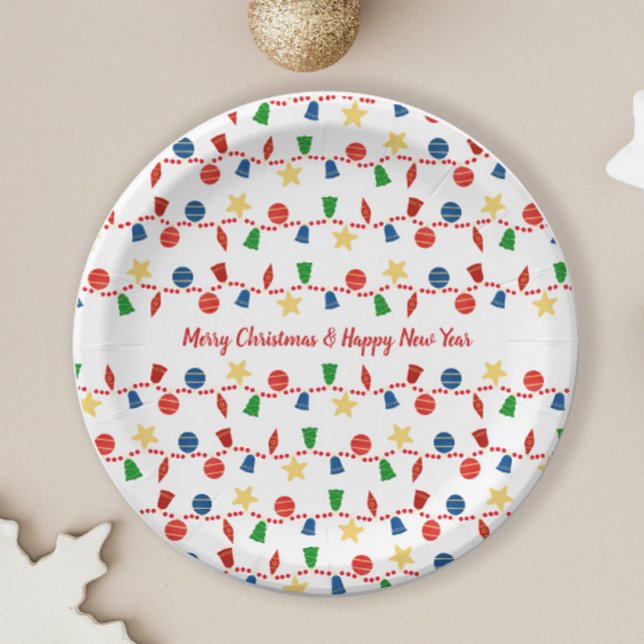 Retro Christmas ornaments with red garland Paper Plates (Cute retro Christmas plate with vintage Christmas ornaments and red beaded garland)