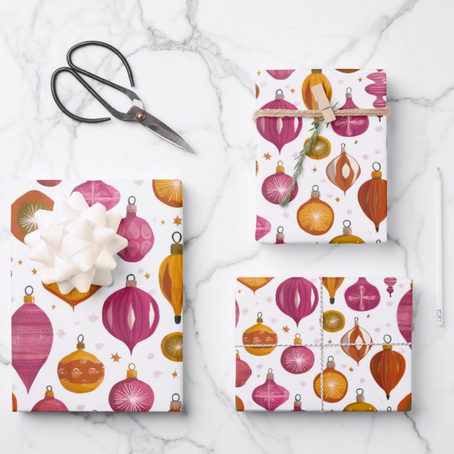 Retro Christmas Ornaments Wrapping Paper Sheets (Front)