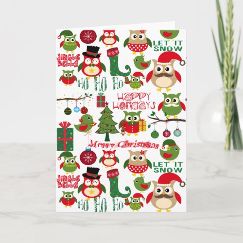 Retro Christmas Owl Pattern Holiday Card