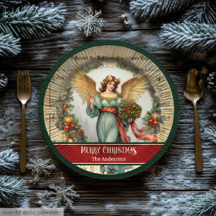 Retro Christmas Paper Plates Green Red Angel Decor