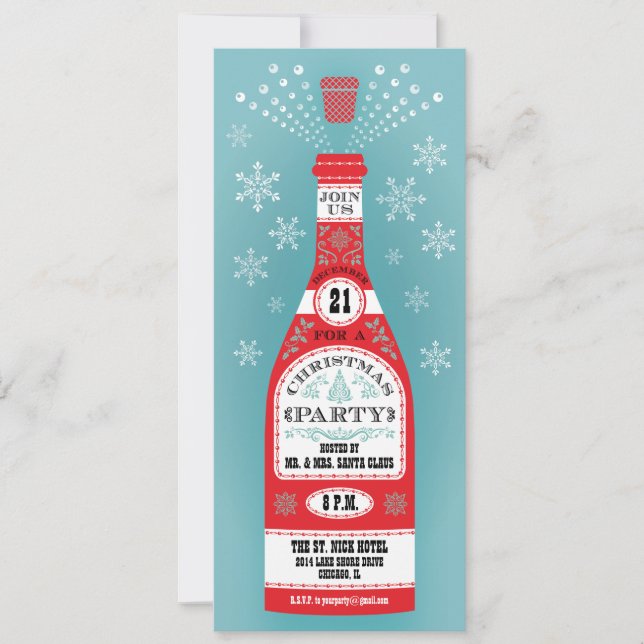 Retro Christmas Party Champagne Bottle Invitation (Front)