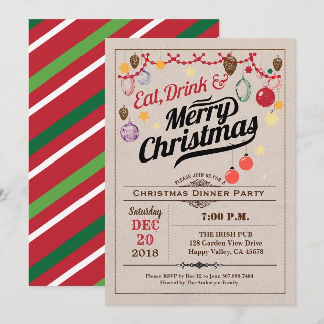 Retro Christmas party eat drink merry Christmas Invitation (Front/Back)