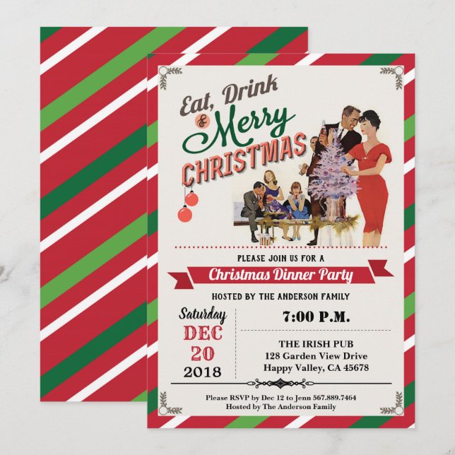 Retro Christmas party housewarming open house Invitation (Front/Back)