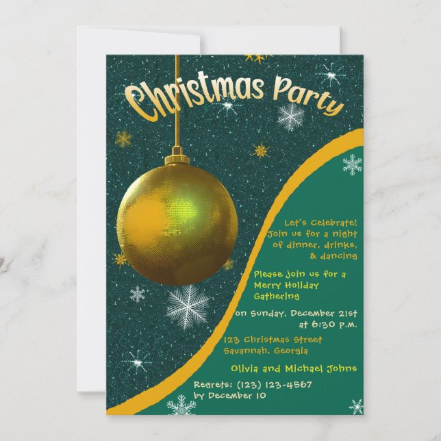 Retro Christmas Party Invitation Green and gold (Front)
