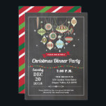 Retro Christmas party ornament exchange vintage Invitation<br><div class="desc">[All text are editable]
Get this stylish design now!
Occasion: Christmas party,  ornament exchange,  brunch,  dinner,  pot luck party,  housewarming,  retirement party
Theme: Christmas,  ornament exchange
Style: retro,  vintage,  rustic
Colors: red,  brown,  green,  festive colors.
Graphics: chalkboard background,  colorful Christmas ornaments,  colourful string light</div>
