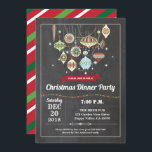 Retro Christmas party ornament exchange vintage Invitation<br><div class="desc">[All text are editable]
Get this stylish design now!
Occasion: Christmas party,  ornament exchange,  brunch,  dinner,  pot luck party,  housewarming,  retirement party
Theme: Christmas,  ornament exchange
Style: retro,  vintage,  rustic
Colors: red,  brown,  green,  festive colors.
Graphics: chalkboard background,  colorful Christmas ornaments,  colourful string light</div>