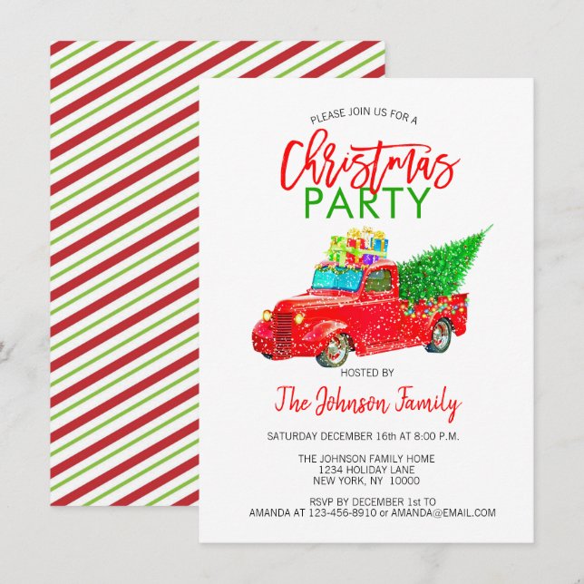 Retro Christmas Party Pick-up Truck Tree Red Green Invitation (Front/Back)