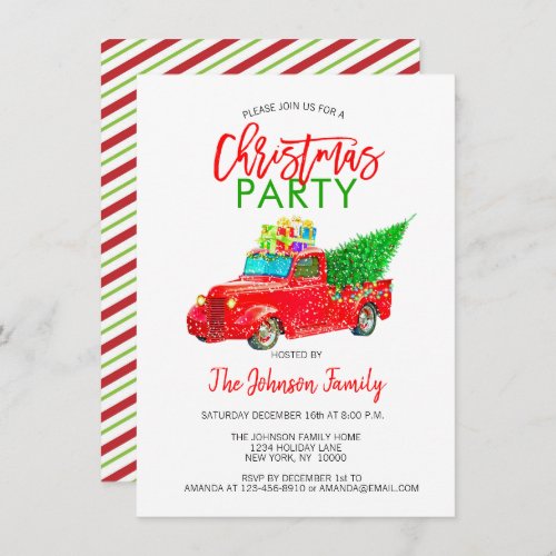 Retro Christmas Party Pick_up Truck Tree Red Green Invitation
