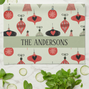 Retro Christmas Pattern Custom Family Name Green Kitchen Towel