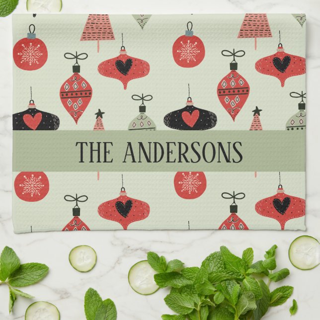 Retro Christmas Pattern Custom Family Name Green  Kitchen Towel (Folded)