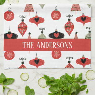 Retro Christmas Pattern Custom Family Name Kitchen Towel