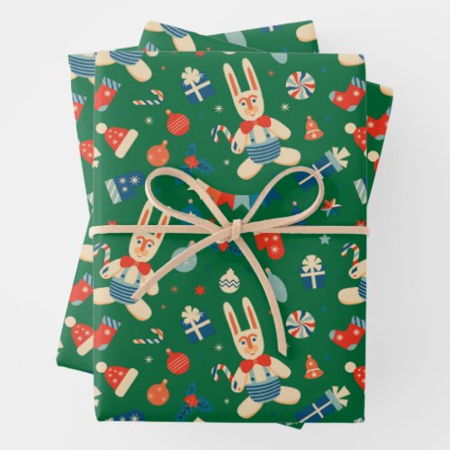 Retro Christmas Pattern with Decorations and Candy Wrapping Paper Sheets