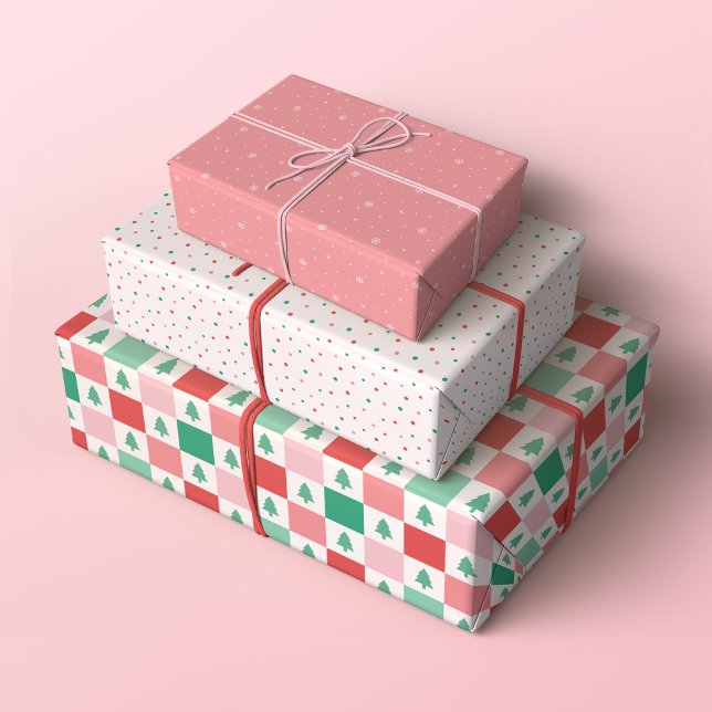 Retro Christmas Patterns in Red, Pink and Green Wrapping Paper Sheets (Set of 3 Minimalist Retro Christmas with checkers, polka dots and snowflakes in red, green and pink)