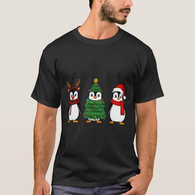 Retro Christmas Penguin Santa Reindeer  T-Shirt (Front)