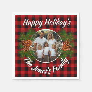 Retro Christmas personalized red plaid pinecones Napkins