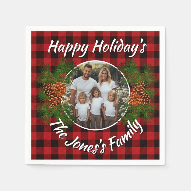 Retro Christmas personalized red plaid pinecones Napkins (Front)