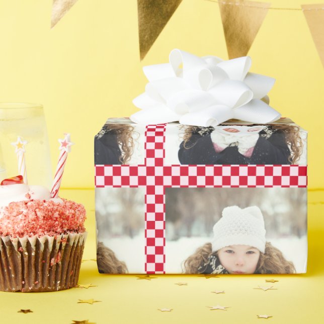 Retro Christmas Photo Collage Checkerboard Red Wrapping Paper (Birthday Party)