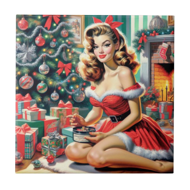 Retro Christmas Pin Up Ceramic Tile (Front)