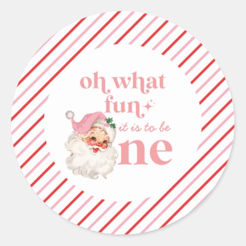 Retro Christmas pink Santa First Birthday Classic Round Sticker