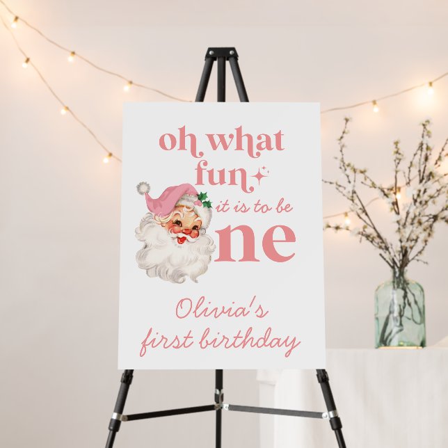 Retro Christmas Pink Santa First Birthday Foam Board (In Situ (Stand))
