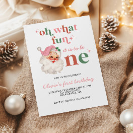 Retro Christmas pink Santa First Birthday Invitation