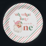 Retro Christmas pink Santa First Birthday Paper Plates<br><div class="desc">Retro Christmas Santa first birthday party with retro style pink santa and pink and red stripes. Oh what fun it is to be one!</div>