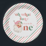 Retro Christmas pink Santa First Birthday Paper Plates<br><div class="desc">Retro Christmas Santa first birthday party with retro style pink santa and pink and red stripes. Oh what fun it is to be one!</div>