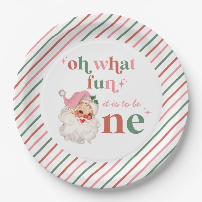 Retro Christmas pink Santa First Birthday Paper Plates (Front)