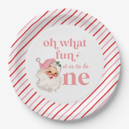 Retro Christmas pink Santa First Birthday Paper Plates