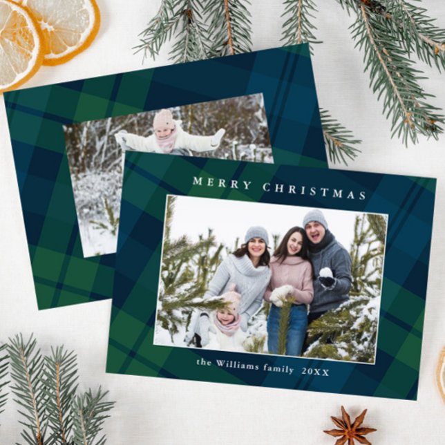 Retro Christmas Plaid 2 Photo Greeting Holiday Card (Creator Uploaded)