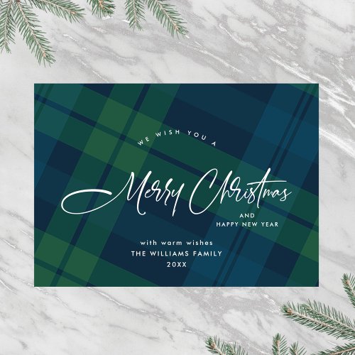 Retro Christmas Plaid Green Blue Greeting Holiday Card