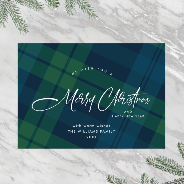 Retro Christmas Plaid Green Blue Greeting Holiday Card (Creator Uploaded)