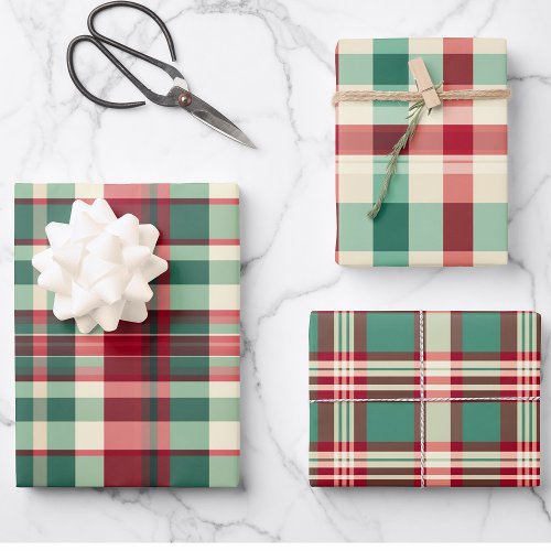 Retro Christmas Plaid in Red Cream and Green  Wrapping Paper Sheets