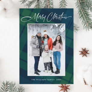 Retro Christmas Plaid One Photo Greeting Holiday Card