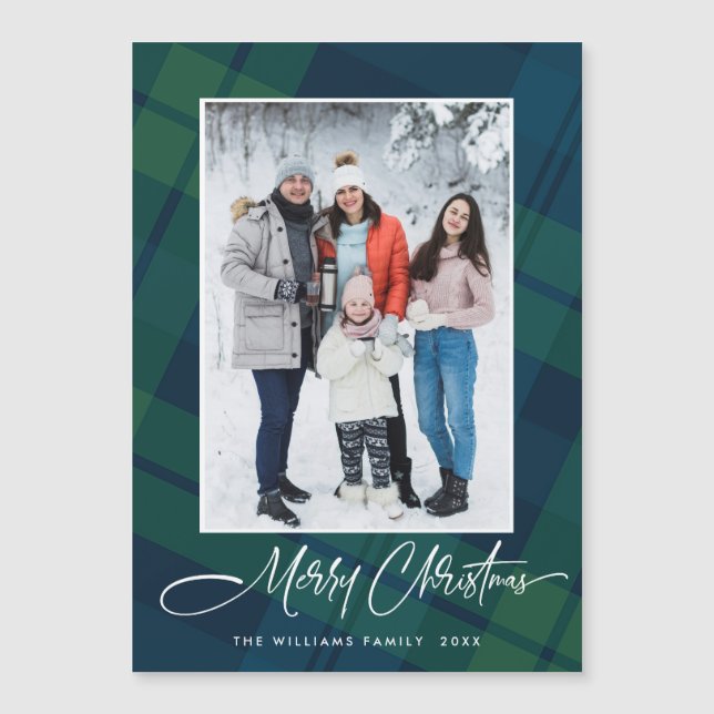 Retro Christmas Plaid PHOTO Magnetic Card (Front)