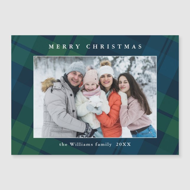 Retro Christmas Plaid PHOTO Magnetic Magnet Card (Front)